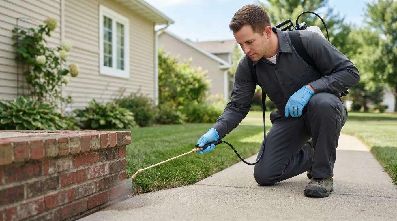 Pest control technician treating a home near Okemos, MI