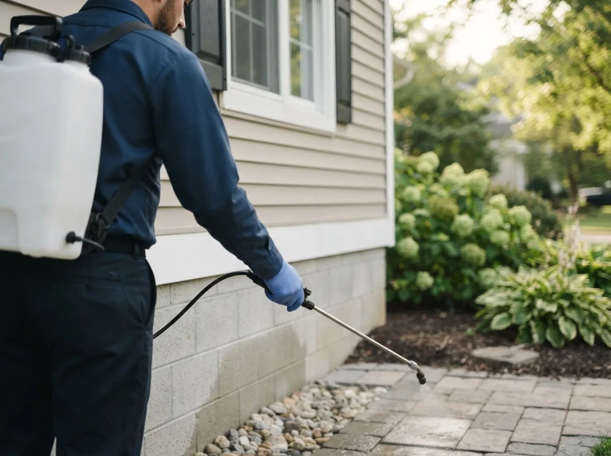 Pest control technician inspecting a home in Okemos, MI
